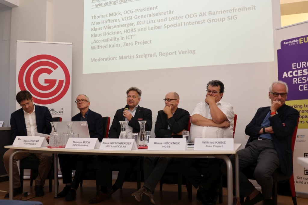 Martin Szelgrad, Max Höfferer, Thomas Mück, Klaus Miesenberger, Klaus Höckner, Wilfried Kainz am Panel in der OCG beim Branchentalk digitale Barrierefreiheit